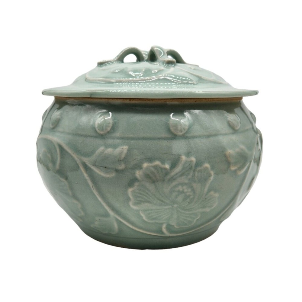 Vintage Handmade Celadon Tureen Covered Serving Bowl Dimensional